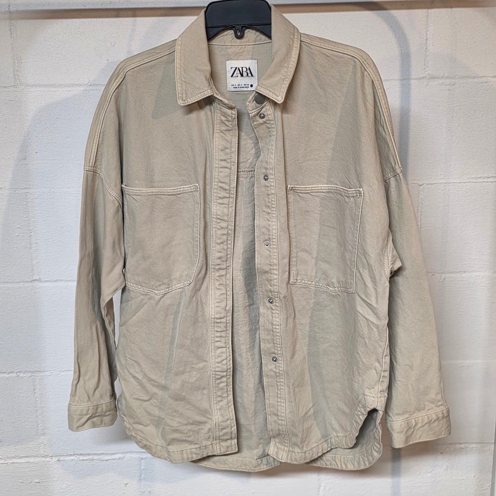 Zara Khaki Beige Denim Shacket Oversized Snap Button Shirt Jacket Small